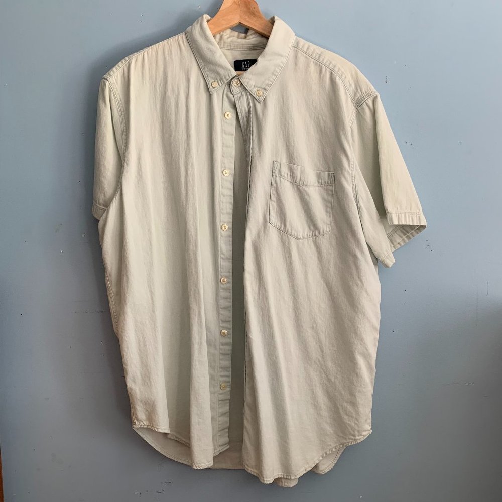 Sage Green Denim Short-Sleeve Button Up